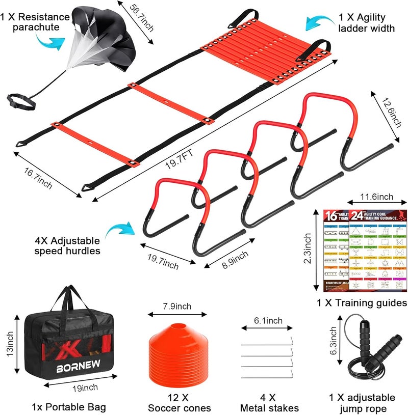 BORNEW Agility Speed Training Equipment Set, Football Practise Set with 20ft Agility Ladder, 12 Cones, 4 Adjustable Hurdles, Jump Rope, Parachute, for Basketball, Soccer, Football, Kids, Youth, Adults - Image 2